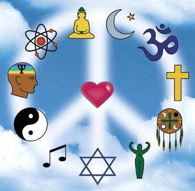 graphic of a peace symbol with symbols of different world religions