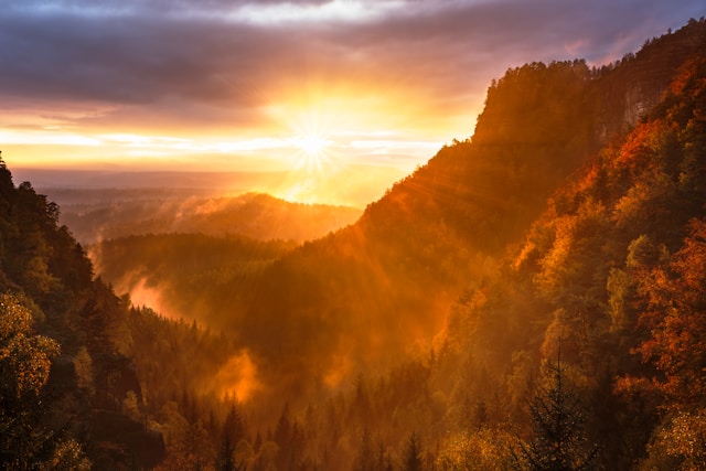 flash of setting sun in a canyon